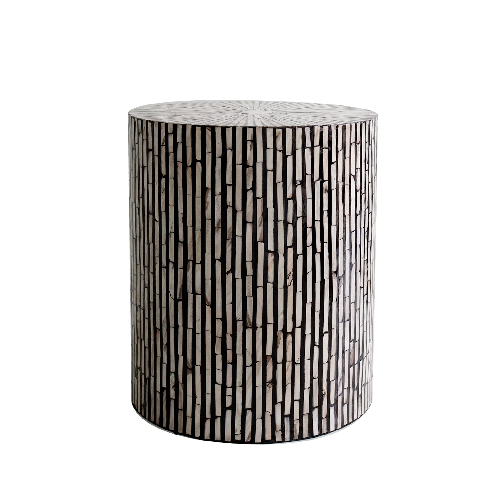 Ivo Mother of Pearl Inlay Side Table in Ivory & Black, featuring a cylindrical design with intricate vertical mosaic inlay and radial top pattern, offering a unique and elegant accent piece.