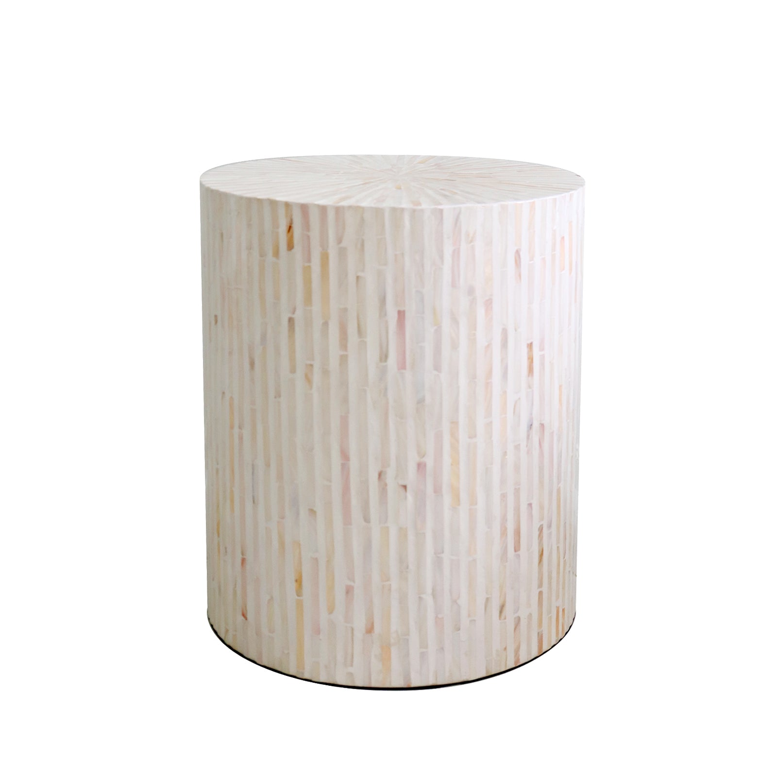 Ivo Mother of Pearl Inlay Side Table in Cream, featuring a drum shape with pale, pearly shell-effect tiles, a subtle radial pattern on top, and vertical mosaic strips for textured elegance.