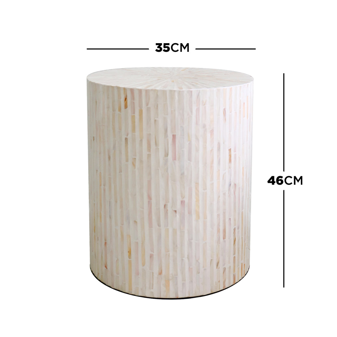 Ivo Mother of Pearl Inlay Side Table in Cream features a cylindrical design with a light-toned, striped mosaic pattern, measuring 35 cm in diameter and 46 cm tall.