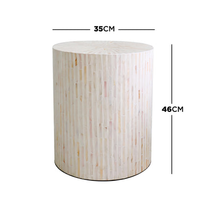 Ivo Mother of Pearl Inlay Side Table in Cream features a cylindrical design with a light-toned, striped mosaic pattern, measuring 35 cm in diameter and 46 cm tall.