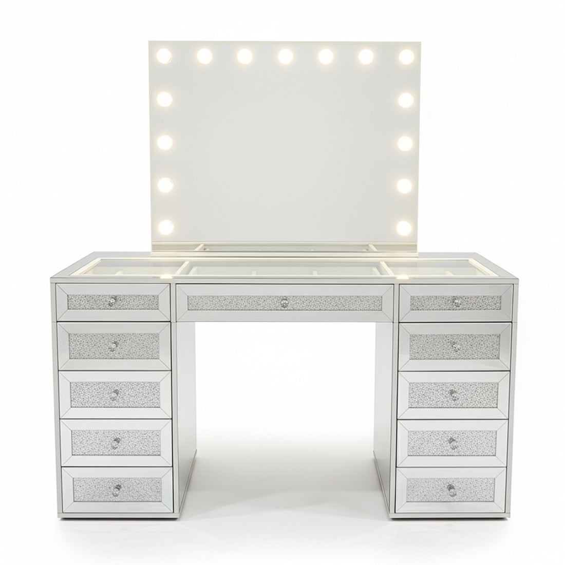 Ivy Diamond Hollywood Vanity Table in Silver with LED bulb mirror, crystal-inlaid finish, glass top, 13 drawers, and built-in power hub, ideal for creating a luxury beauty space.