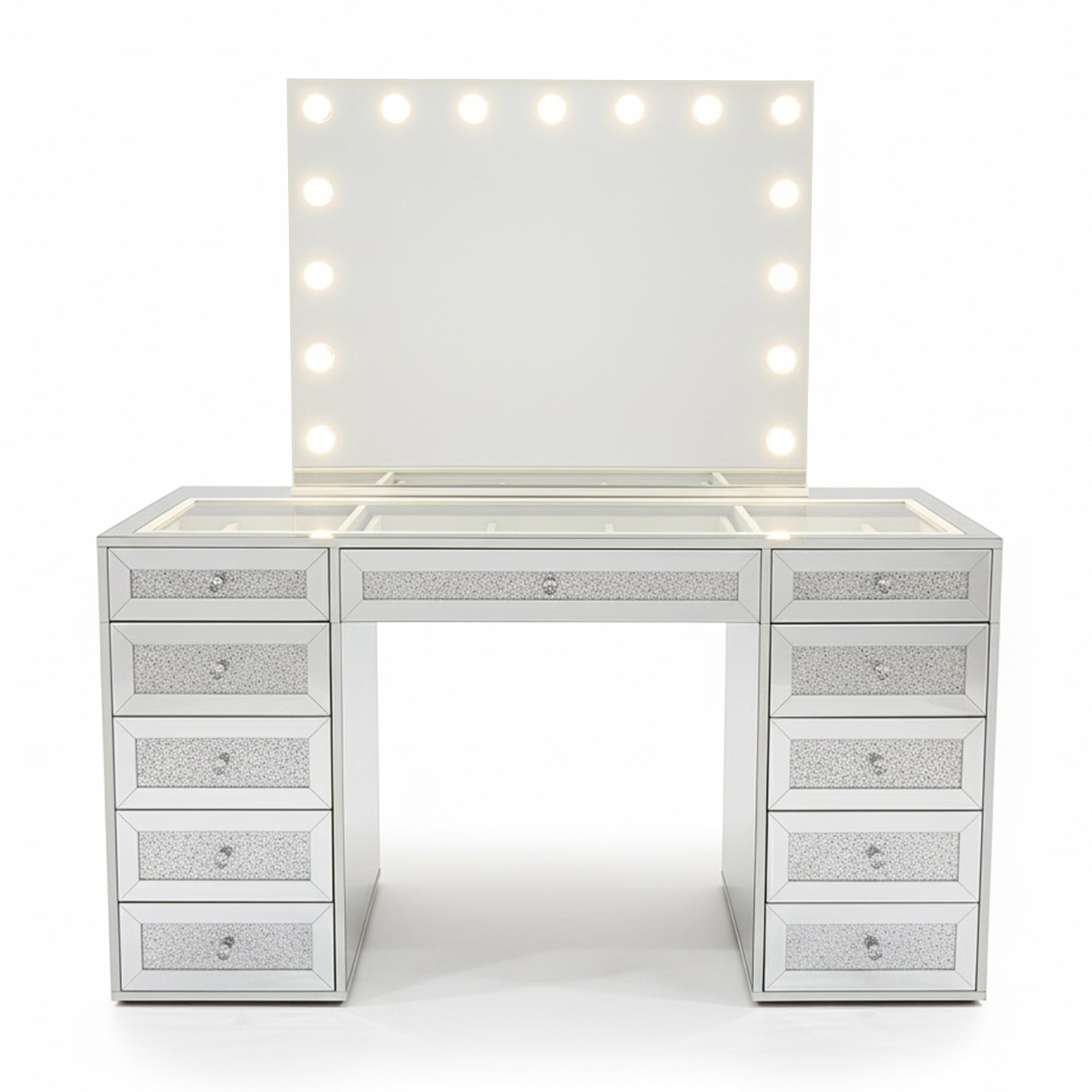 Ivy Diamond Hollywood Vanity Table in Silver with LED bulb mirror, crystal-inlaid finish, glass top, 13 drawers, and built-in power hub, ideal for creating a luxury beauty space.