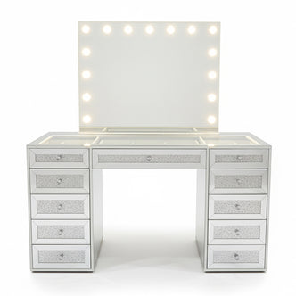 Ivy Diamond Hollywood Vanity Table in Silver with LED bulb mirror, crystal-inlaid finish, glass top, 13 drawers, and built-in power hub, ideal for creating a luxury beauty space.