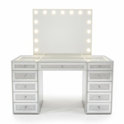 Ivy Diamond Hollywood Vanity Table in Silver with LED bulb mirror, crystal-inlaid finish, glass top, 13 drawers, and built-in power hub, ideal for creating a luxury beauty space.