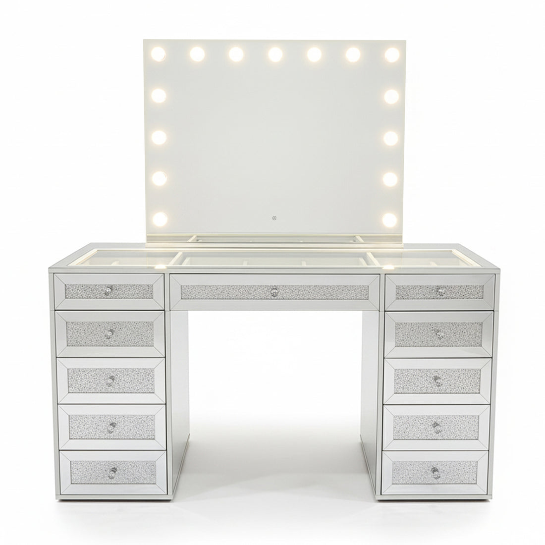Ivy Diamond Crystal Mirror Finish Hollywood LED Vanity Table with mirrored drawers, large LED bulb mirror, glass-topped tabletop, and diamond-crush accents, designed for glam makeup and storage.