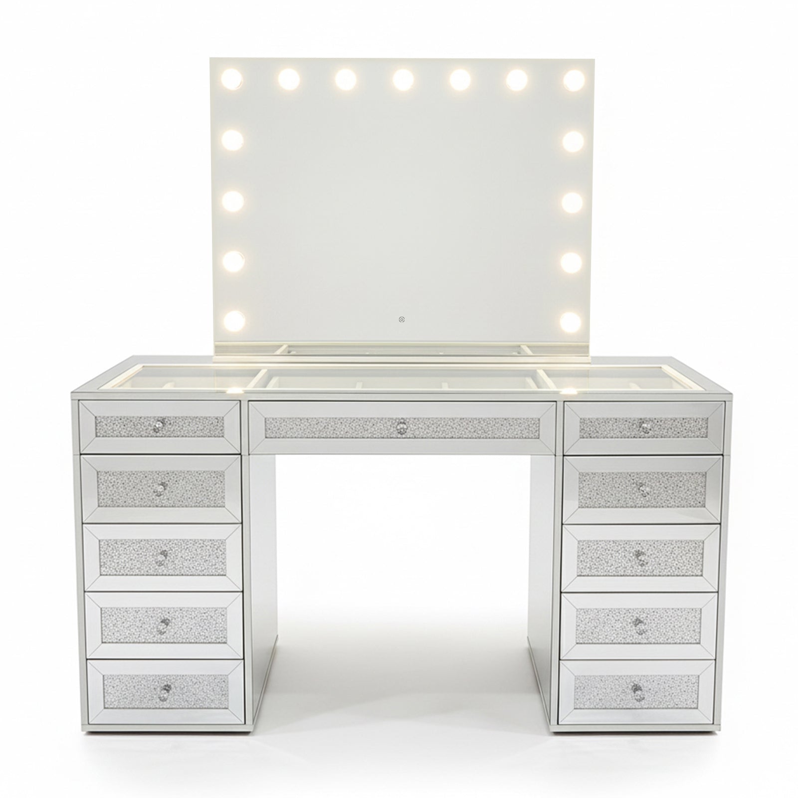Ivy Diamond Crystal Mirror Finish Hollywood LED Vanity Table with mirrored drawers, large LED bulb mirror, glass-topped tabletop, and diamond-crush accents, designed for glam makeup and storage.