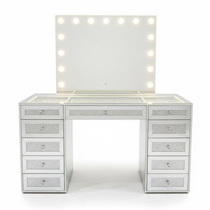 Ivy Diamond Crystal Mirror Finish Hollywood LED Vanity Table in Silver