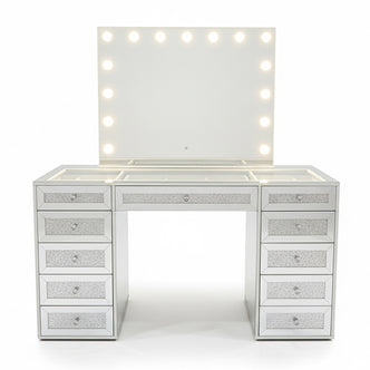 Ivy Diamond Crystal Mirror Finish Hollywood LED Vanity Table with mirrored drawers, large LED bulb mirror, glass-topped tabletop, and diamond-crush accents, designed for glam makeup and storage.