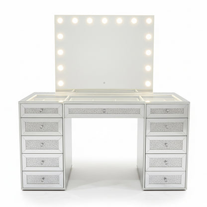 Ivy Diamond Crystal Mirror Finish Hollywood LED Vanity Table with mirrored drawers, large LED bulb mirror, glass-topped tabletop, and diamond-crush accents, designed for glam makeup and storage.