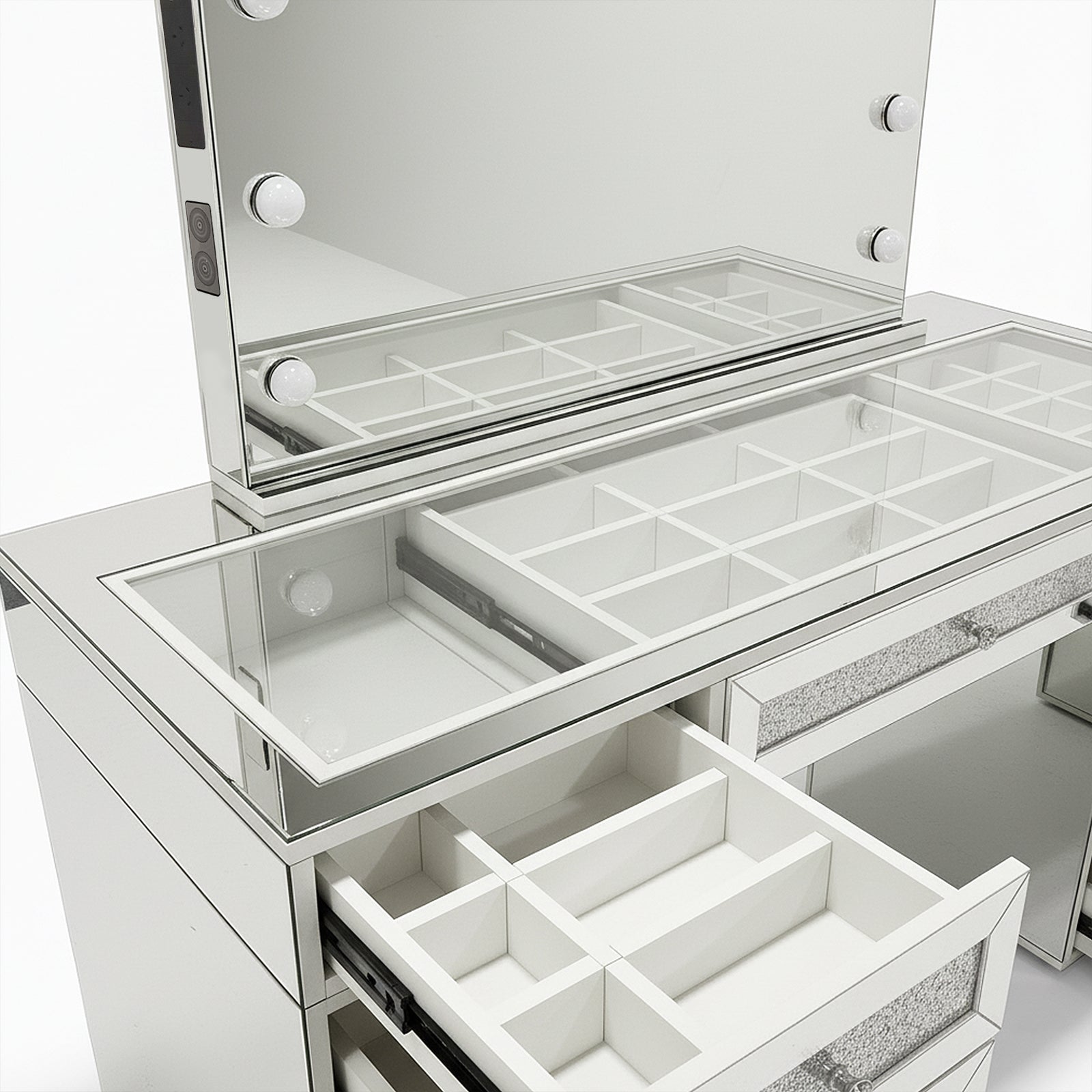 Ivy Diamond Crystal Mirror Finish Hollywood LED Vanity Table with flip-up mirror, Hollywood bulbs, 13 drawers, and glass-top; perfect for organizing cosmetics and creating a stylish glam corner.