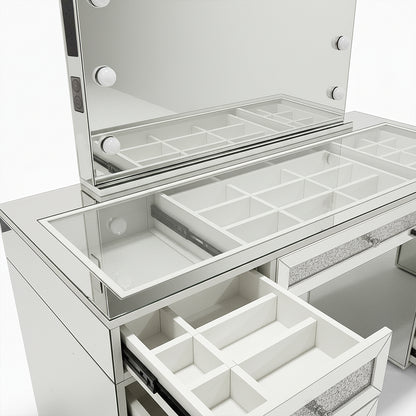 Ivy Diamond Crystal Mirror Finish Hollywood LED Vanity Table with flip-up mirror, Hollywood bulbs, 13 drawers, and glass-top; perfect for organizing cosmetics and creating a stylish glam corner.