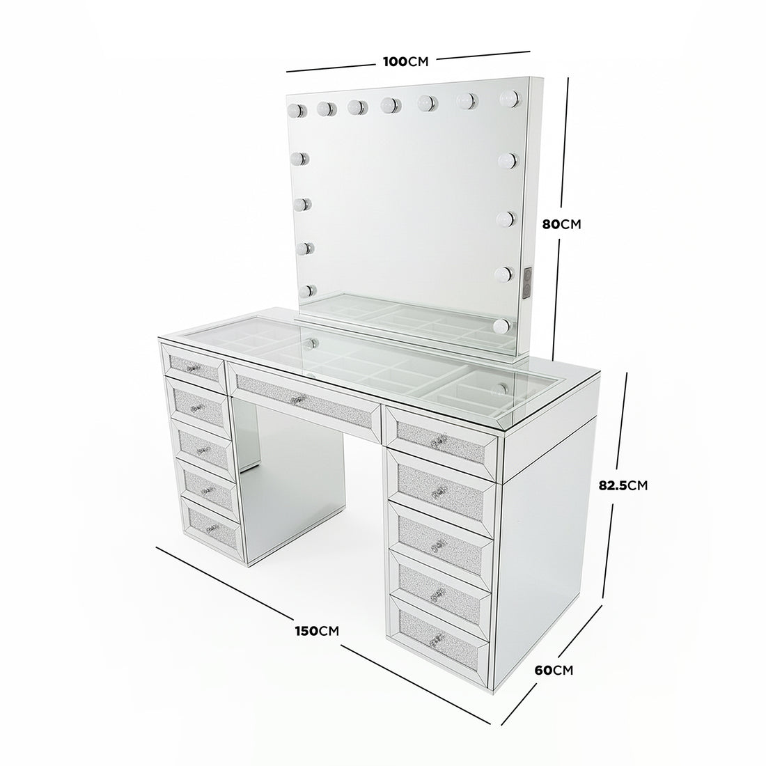 Ivy Diamond Hollywood Vanity Table in Silver featuring a large LED-lit mirror, glass tabletop, mirrored panels, and 13 crystal-pull drawers, offering ample storage and a luxurious glamour aesthetic.
