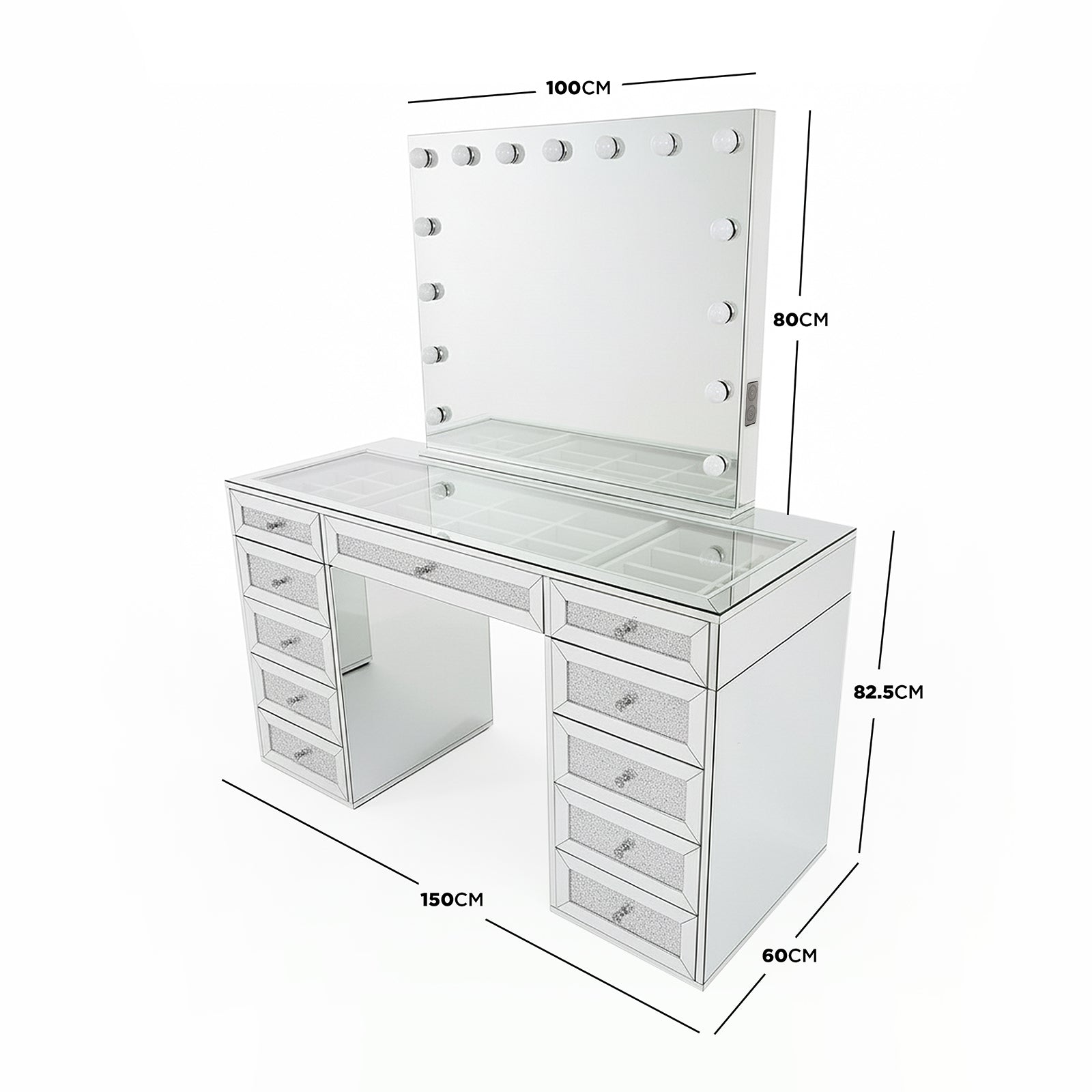 Ivy Diamond Hollywood Vanity Table in Silver featuring a large LED-lit mirror, glass tabletop, mirrored panels, and 13 crystal-pull drawers, offering ample storage and a luxurious glamour aesthetic.