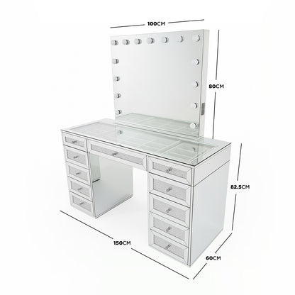 Ivy Diamond Hollywood Vanity Table in Silver featuring a large LED-lit mirror, glass tabletop, mirrored panels, and 13 crystal-pull drawers, offering ample storage and a luxurious glamour aesthetic.