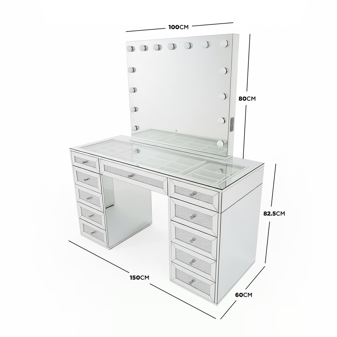 Ivy Diamond Crystal Mirror Finish Hollywood LED Vanity Table with mirrored design, 100x80cm LED mirror, glass tabletop, and thirteen drawers, ideal for organizing beauty essentials and enhancing bedroom glamour.