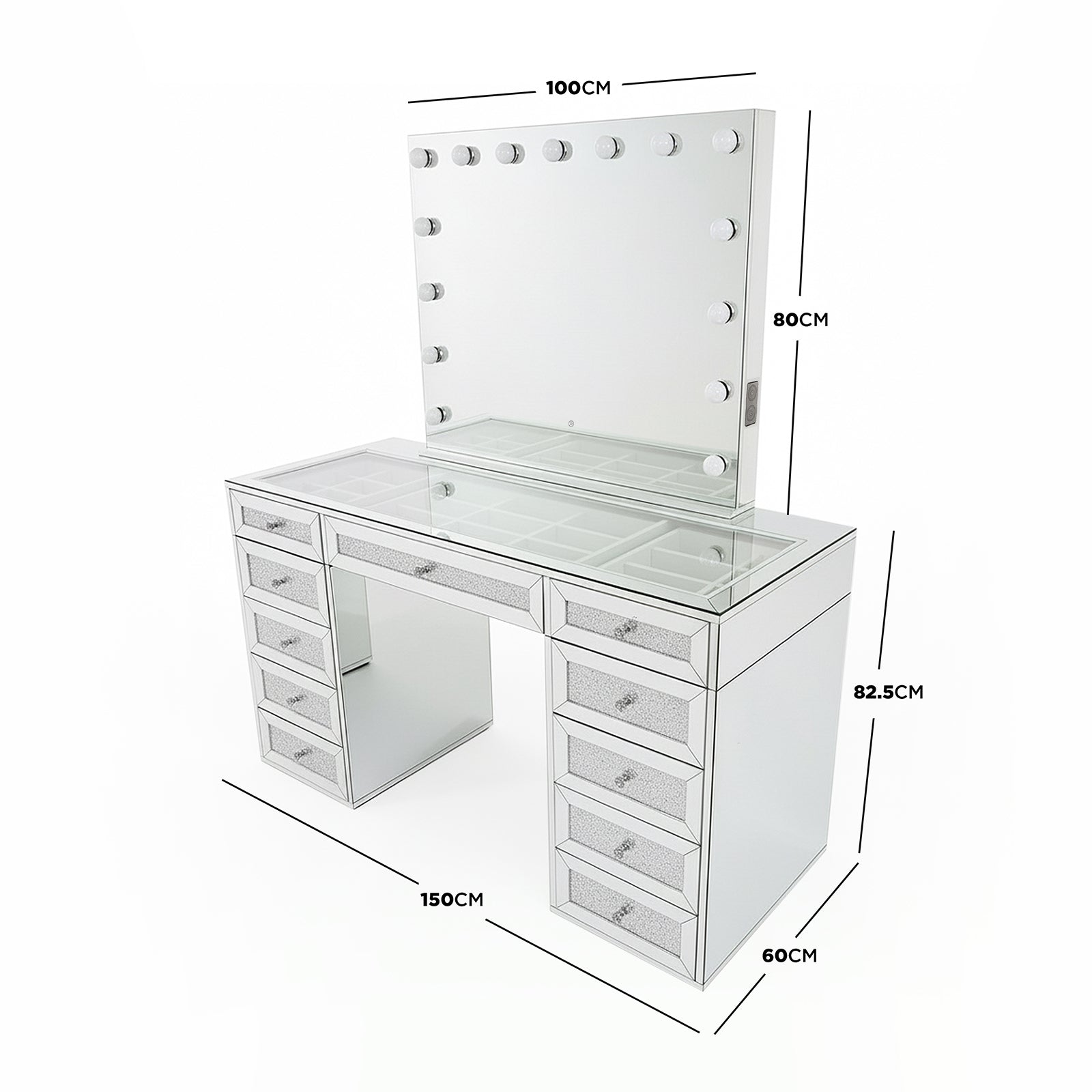 Ivy Diamond Crystal Mirror Finish Hollywood LED Vanity Table with mirrored design, 100x80cm LED mirror, glass tabletop, and thirteen drawers, ideal for organizing beauty essentials and enhancing bedroom glamour.
