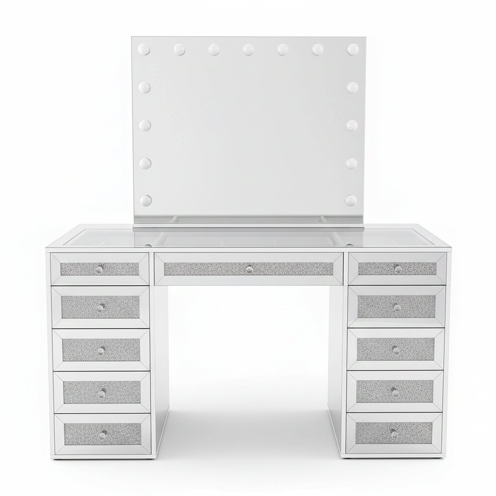 Ivy Diamond Hollywood Vanity Table in Silver features a large LED-framed mirror, mirrored drawers with diamond-crush panels, and crystal-look knobs, offering a glamorous and functional makeup station.