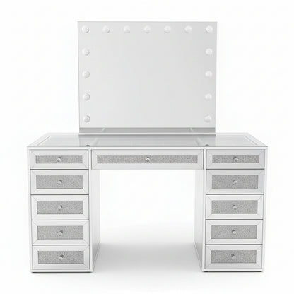 Ivy Diamond Hollywood Vanity Table in Silver features a large LED-framed mirror, mirrored drawers with diamond-crush panels, and crystal-look knobs, offering a glamorous and functional makeup station.