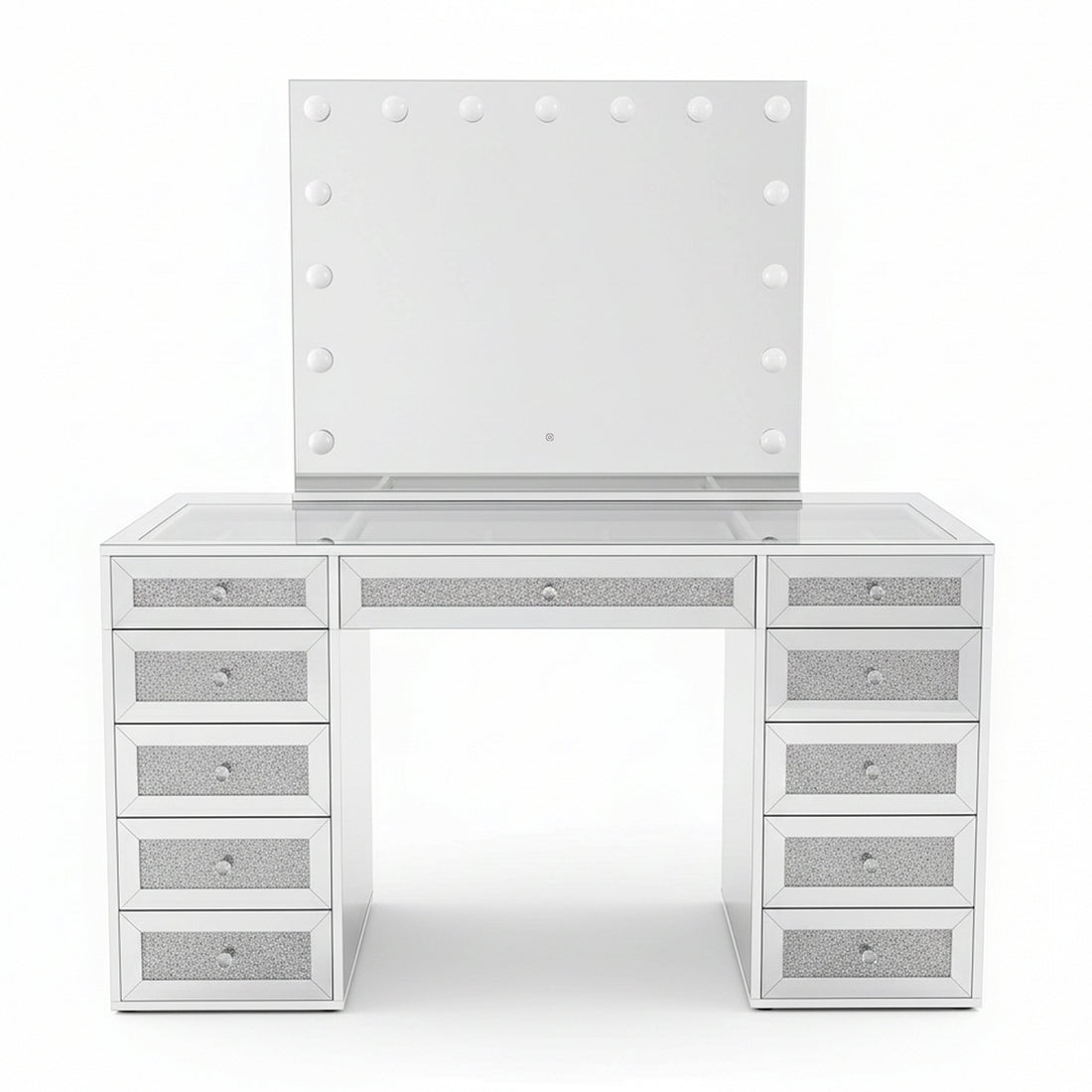 Ivy Diamond Crystal Mirror Finish Hollywood LED Vanity Table featuring a large mirrored surface, Hollywood-style bulb-framed mirror, and sparkly drawer fronts, offering salon-style lighting and extensive storage.