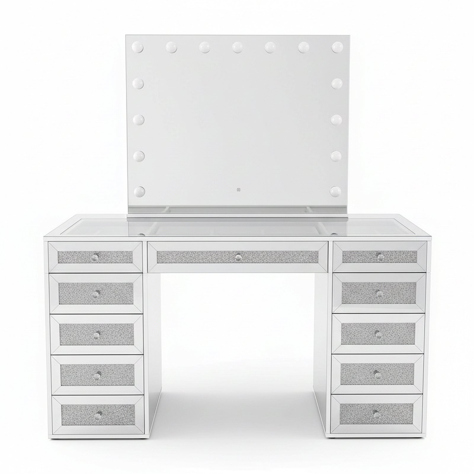 Ivy Diamond Crystal Mirror Finish Hollywood LED Vanity Table featuring a large mirrored surface, Hollywood-style bulb-framed mirror, and sparkly drawer fronts, offering salon-style lighting and extensive storage.