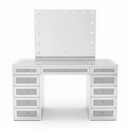Ivy Diamond Crystal Mirror Finish Hollywood LED Vanity Table featuring a large mirrored surface, Hollywood-style bulb-framed mirror, and sparkly drawer fronts, offering salon-style lighting and extensive storage.