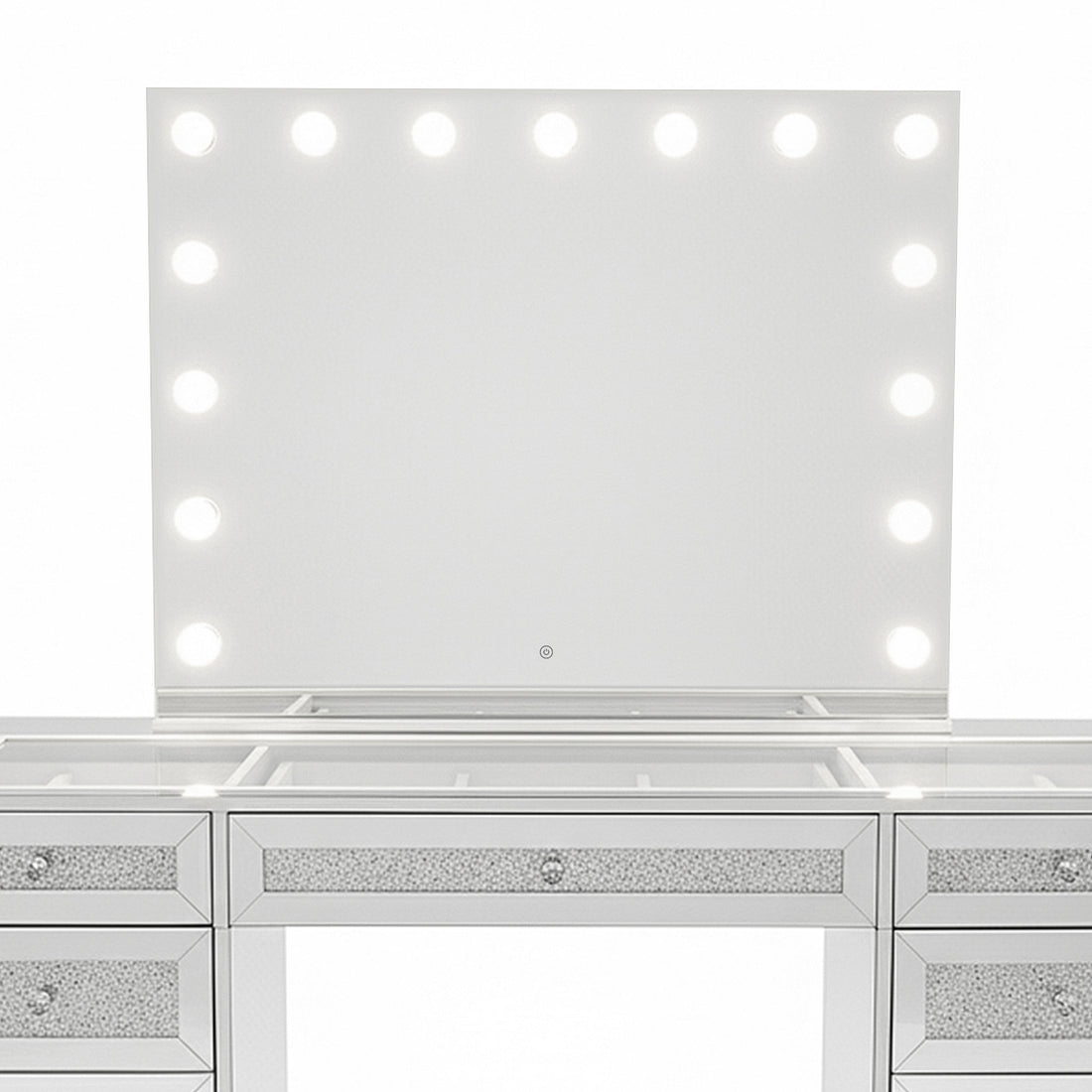 Ivy Diamond Crystal Mirror Finish Hollywood LED Vanity Table with mirrored drawers, sparkling diamond-crush details, large LED-lit mirror, and spacious glass-topped surface, perfect for a luxurious beauty routine.