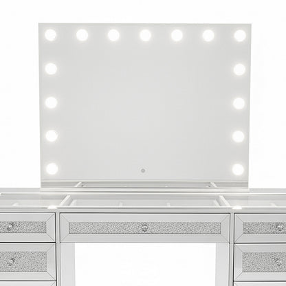 Ivy Diamond Crystal Mirror Finish Hollywood LED Vanity Table with mirrored drawers, sparkling diamond-crush details, large LED-lit mirror, and spacious glass-topped surface, perfect for a luxurious beauty routine.
