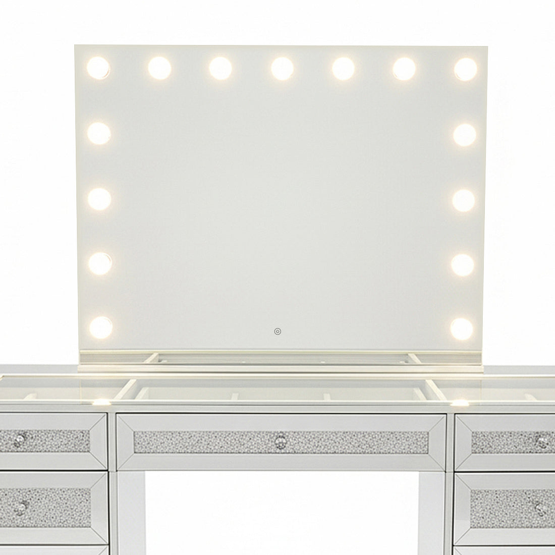 Ivy Diamond Crystal Mirror Finish Hollywood LED Vanity Table with a large backlit mirror, glittery drawer fronts, and multiple drawers for storage, featuring a touch-button for adjustable lighting.