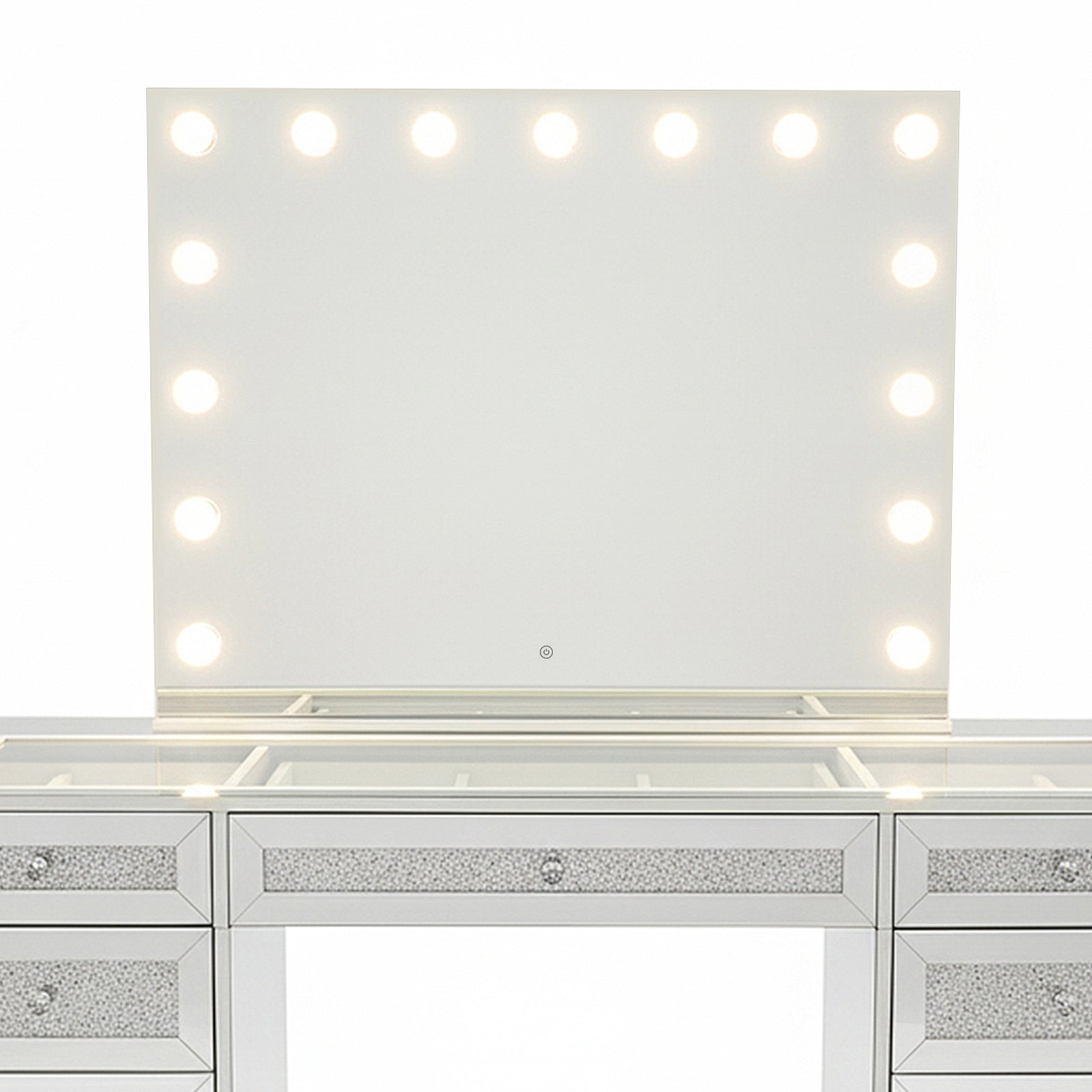Ivy Diamond Crystal Mirror Finish Hollywood LED Vanity Table with a large backlit mirror, glittery drawer fronts, and multiple drawers for storage, featuring a touch-button for adjustable lighting.