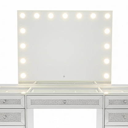 Ivy Diamond Crystal Mirror Finish Hollywood LED Vanity Table with a large backlit mirror, glittery drawer fronts, and multiple drawers for storage, featuring a touch-button for adjustable lighting.