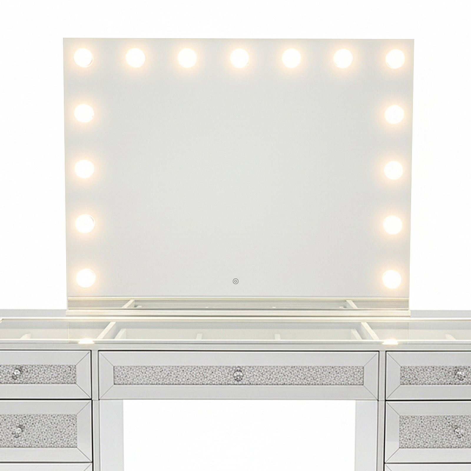 Ivy Diamond Crystal Mirror Finish Hollywood LED Vanity Table featuring a large mirrored surface, LED bulb-lined mirror, sparkling crystal drawer fronts, and multiple drawers for organized storage.