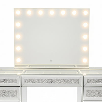 Ivy Diamond Crystal Mirror Finish Hollywood LED Vanity Table featuring a large mirrored surface, LED bulb-lined mirror, sparkling crystal drawer fronts, and multiple drawers for organized storage.