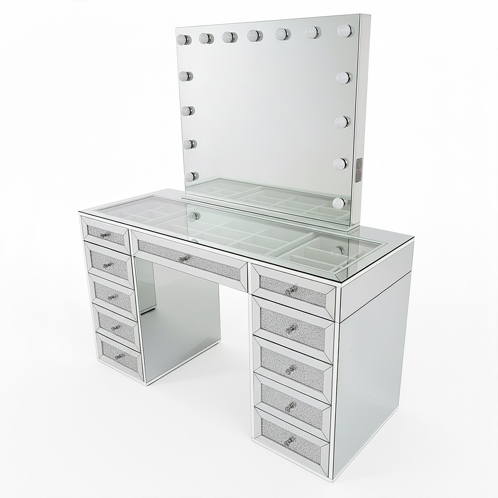 Ivy Diamond Hollywood Vanity Table in Silver features a large mirror with round bulbs, glass-topped countertop, mirrored finish, and multiple drawers, ideal for organizing cosmetics and enhancing any beauty space.