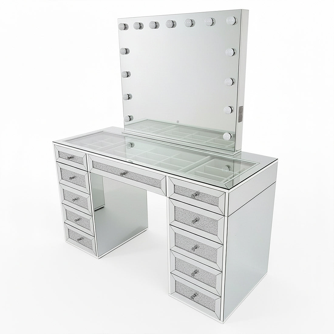 Ivy Diamond Crystal Mirror Finish Hollywood LED Vanity Table with mirrored design, large LED bulb mirror, glass top revealing storage trays, and multiple diamond-crush drawers for organized beauty essentials.