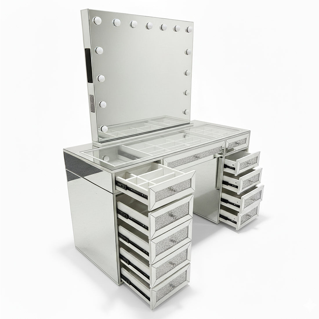 Ivy Diamond Hollywood Vanity Table in Silver featuring a large LED-framed mirror, glass-topped surface with organized compartments, and twin drawer columns, offering a luxurious, functional beauty space.