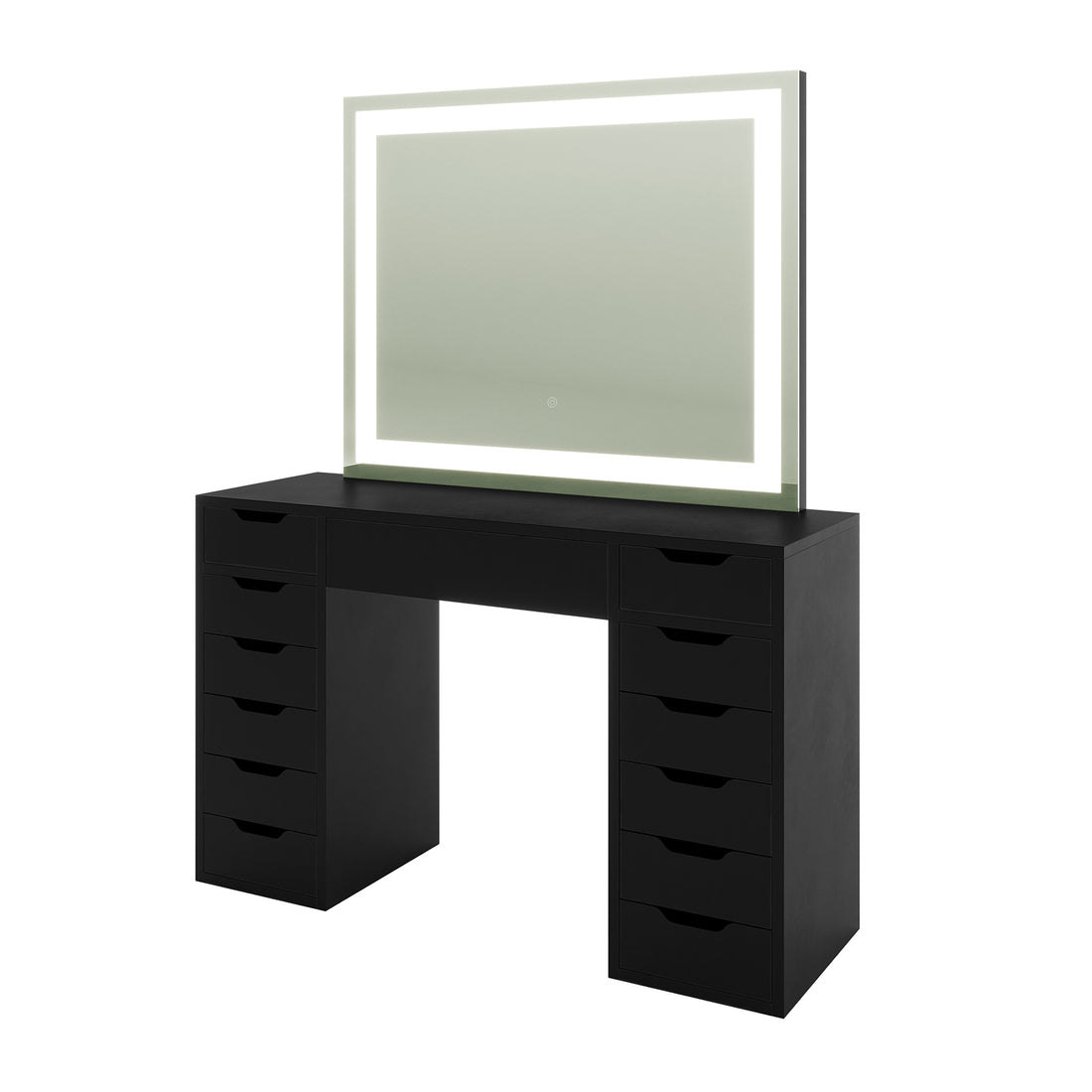 Janika Dressing Table with Storage & LED Lights in Black features a sleek double-pedestal design, integrated lighted mirror, and ample drawers, perfect for modern beauty organization and application.
