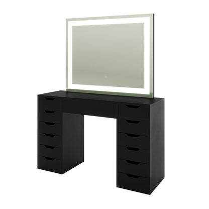 Janika Dressing Table with Storage & LED Lights in Black features a sleek double-pedestal design, integrated lighted mirror, and ample drawers, perfect for modern beauty organization and application.
