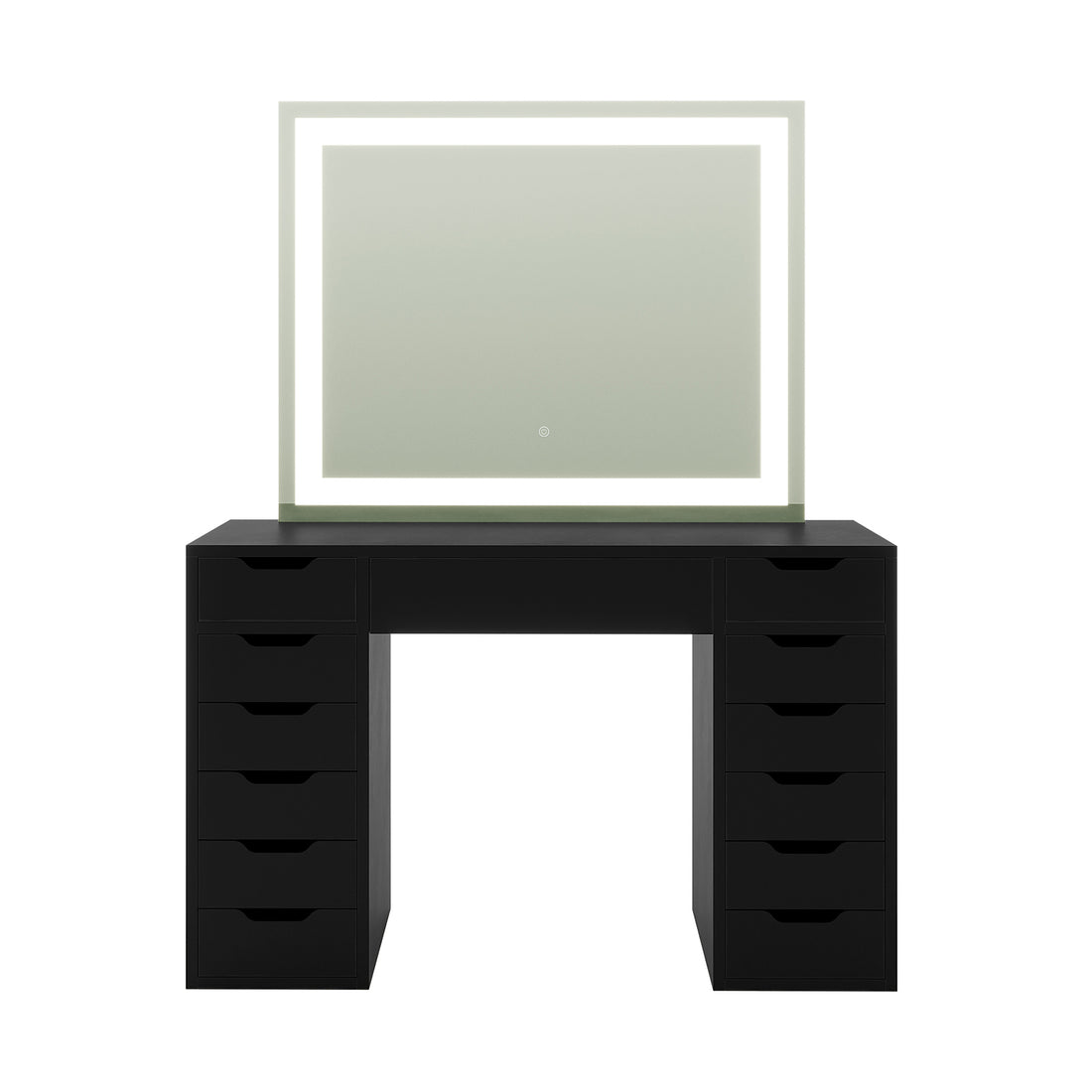 Janika Dressing Table with Storage & LED Lights in Black featuring two drawer pedestals, a tabletop, and a large back-lit mirror. Ideal for modern interiors with adjustable LED lighting.