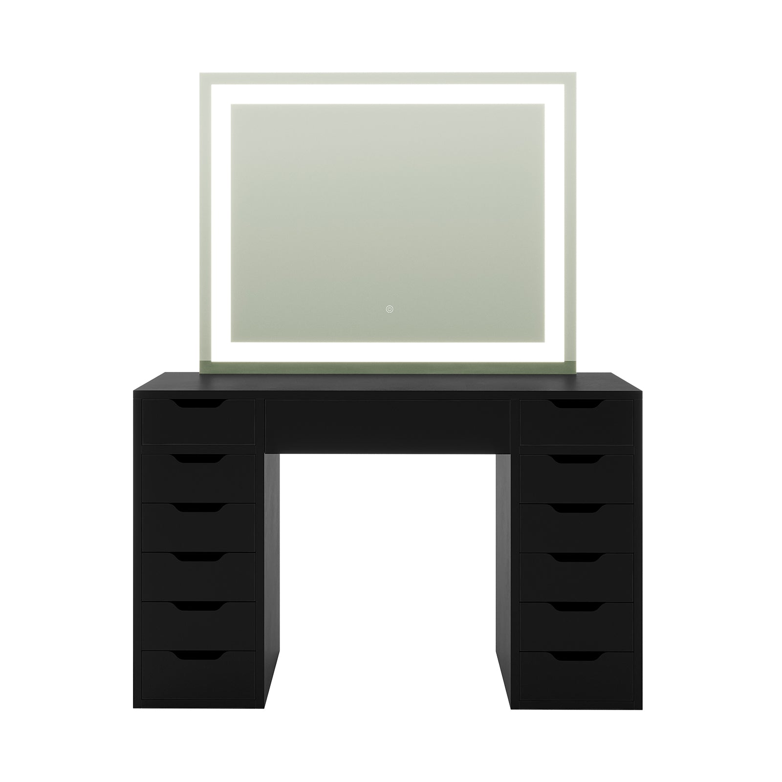 Janika Dressing Table with Storage & LED Lights in Black featuring two drawer pedestals, a tabletop, and a large back-lit mirror. Ideal for modern interiors with adjustable LED lighting.
