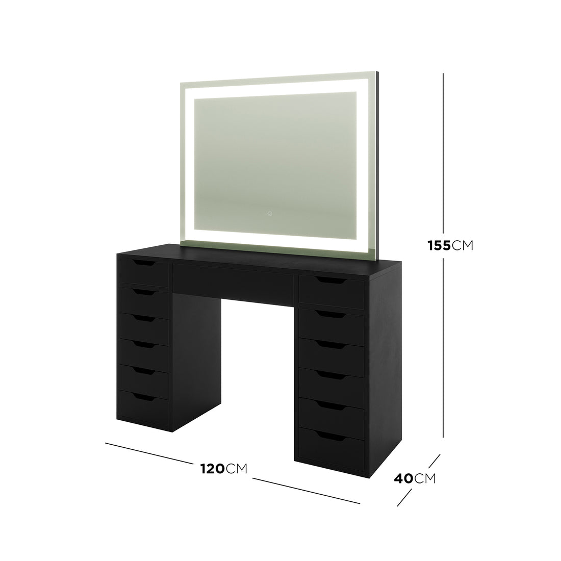 Janika Dressing Table with Storage & LED Lights in Black features a matte black tabletop, dual-pedestal design with 12 drawers, and a tall frameless LED mirror, offering sleek, functional beauty organization.