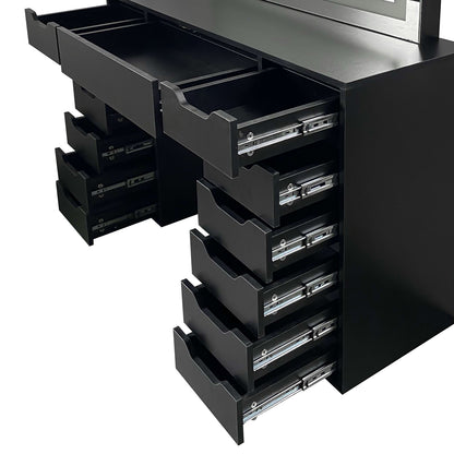 Janika Dressing Table with Storage & LED Lights in Black features sleek design with visible metal drawer-slide hardware, showcasing two banks of drawers for organized beauty essentials in a modern matte finish.