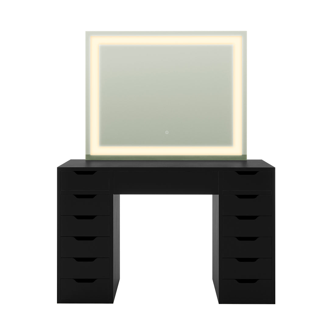 Janika Dressing Table with Storage & LED Lights in Black features two drawer towers, a flat tabletop, and a large LED-lit mirror, offering sleek storage and adjustable lighting for beauty essentials.