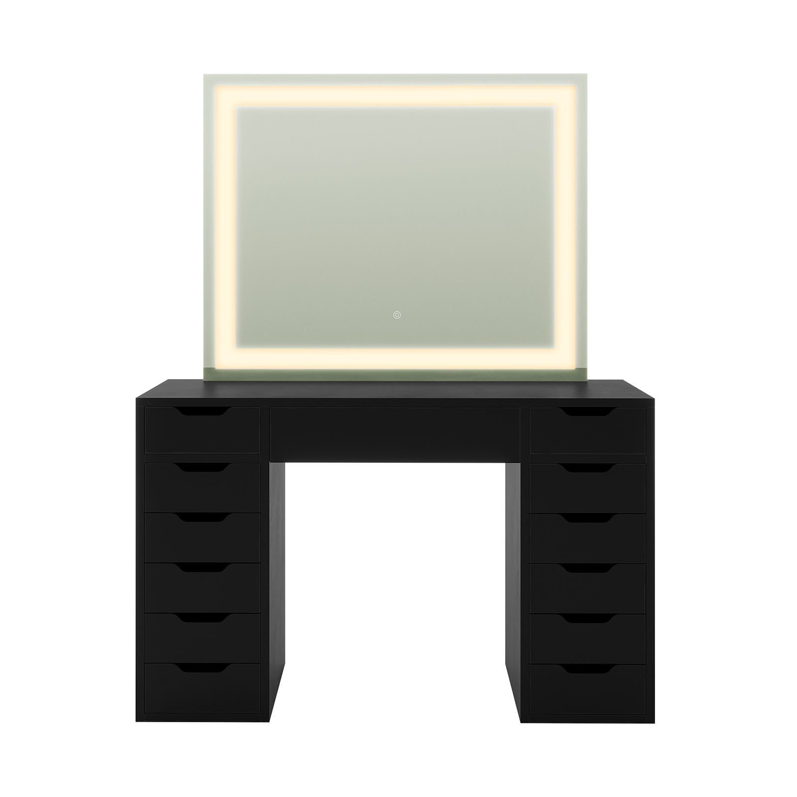 Janika Dressing Table with Storage & LED Lights in Black features two drawer towers, a flat tabletop, and a large LED-lit mirror, offering sleek storage and adjustable lighting for beauty essentials.