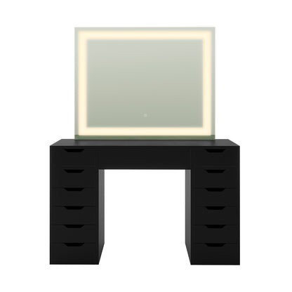 Janika Dressing Table with Storage & LED Lights in Black features two drawer towers, a flat tabletop, and a large LED-lit mirror, offering sleek storage and adjustable lighting for beauty essentials.