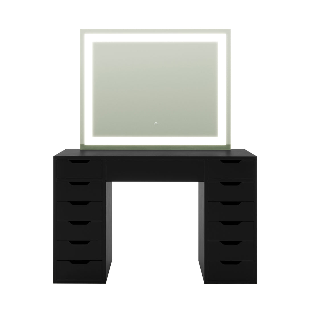 Janika Dressing Table with Storage & LED Lights in Black, featuring a sleek black desk with twelve drawers and a frameless mirror illuminated by an integrated LED light strip for optimal makeup application.