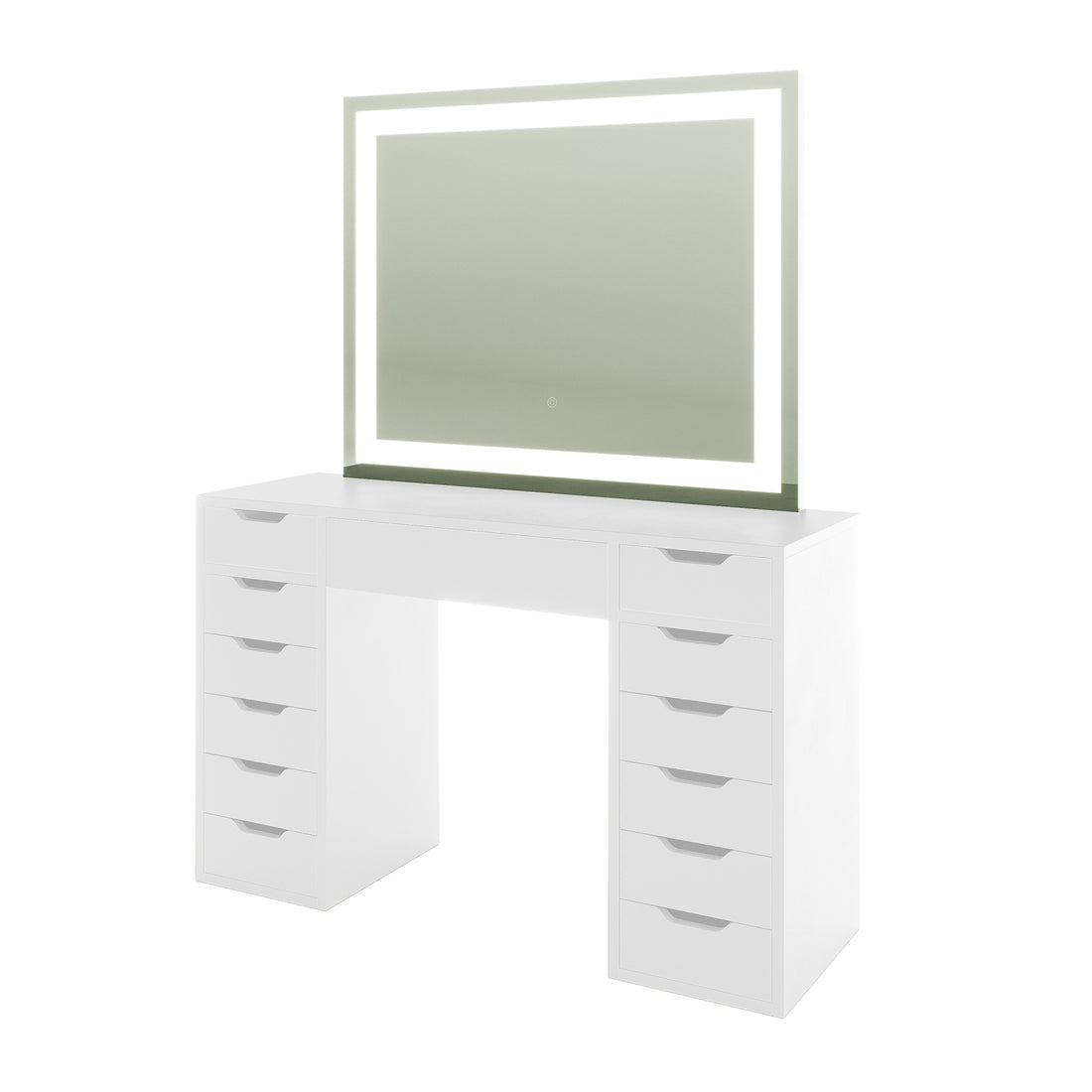 Janika Dressing Table with Drawers & LED Lights in White features a modern vanity with twelve drawers, a large tabletop, and a mirror with LED lighting and a touch-sensitive switch for brightness control.