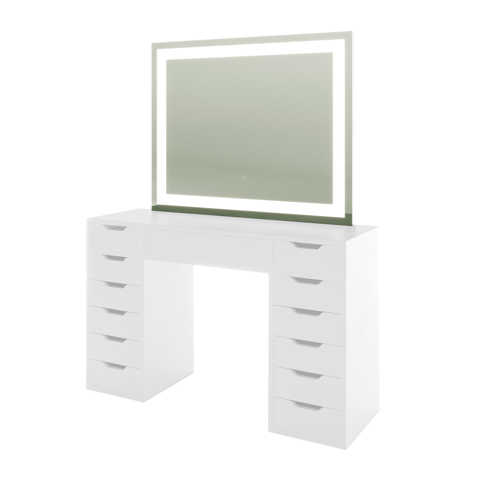 Janika Dressing Table with Drawers & LED Lights in White features a modern vanity with twelve drawers, a large tabletop, and a mirror with LED lighting and a touch-sensitive switch for brightness control.