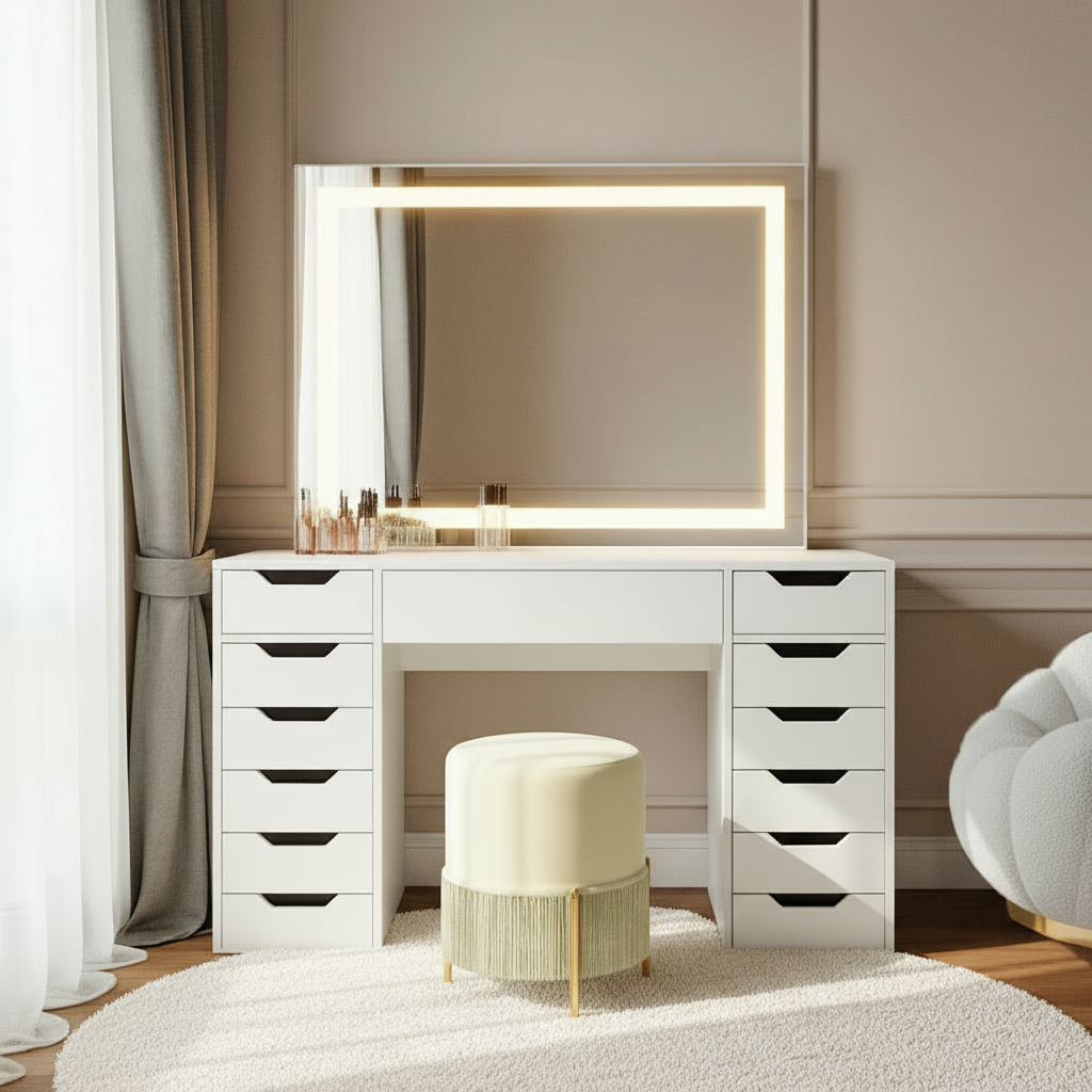 Janika Dressing Table with Drawers & LED Lights in White, featuring a backlit mirror, two drawer stacks, upholstered stool, and cosmetics, set in a modern makeup nook with neutral tones.