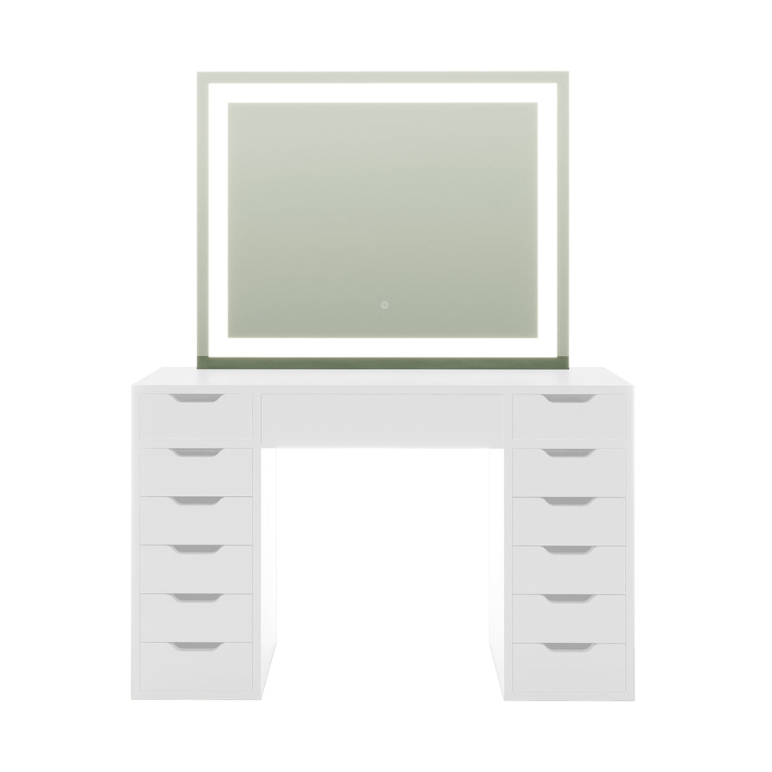 Janika Dressing Table with Drawers & LED Lights in White featuring a large mirror with built-in LEDs, two stacks of six drawers, and a sleek tabletop, ideal for organized beauty routines.