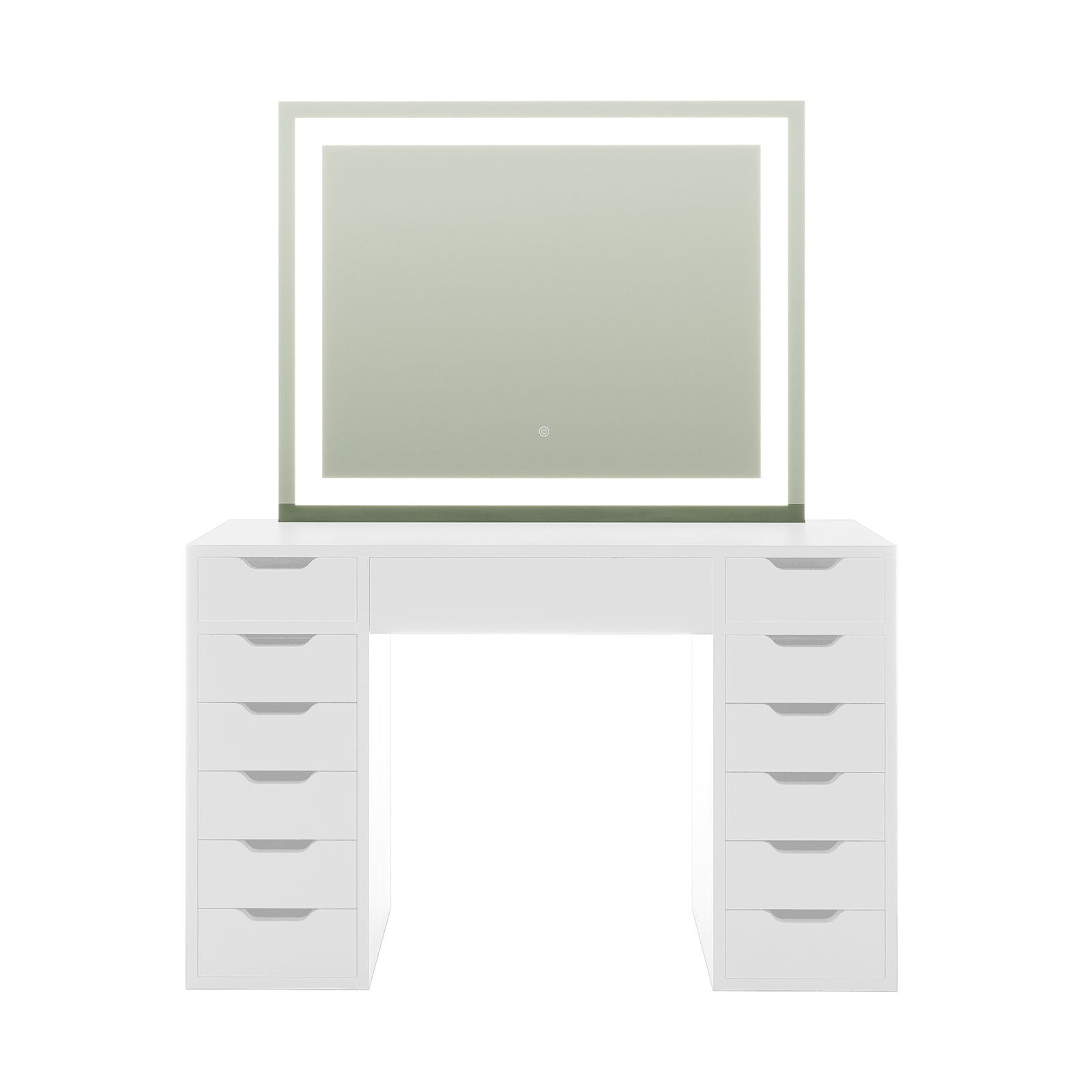 Janika Dressing Table with Drawers & LED Lights in White featuring a large mirror with built-in LEDs, two stacks of six drawers, and a sleek tabletop, ideal for organized beauty routines.